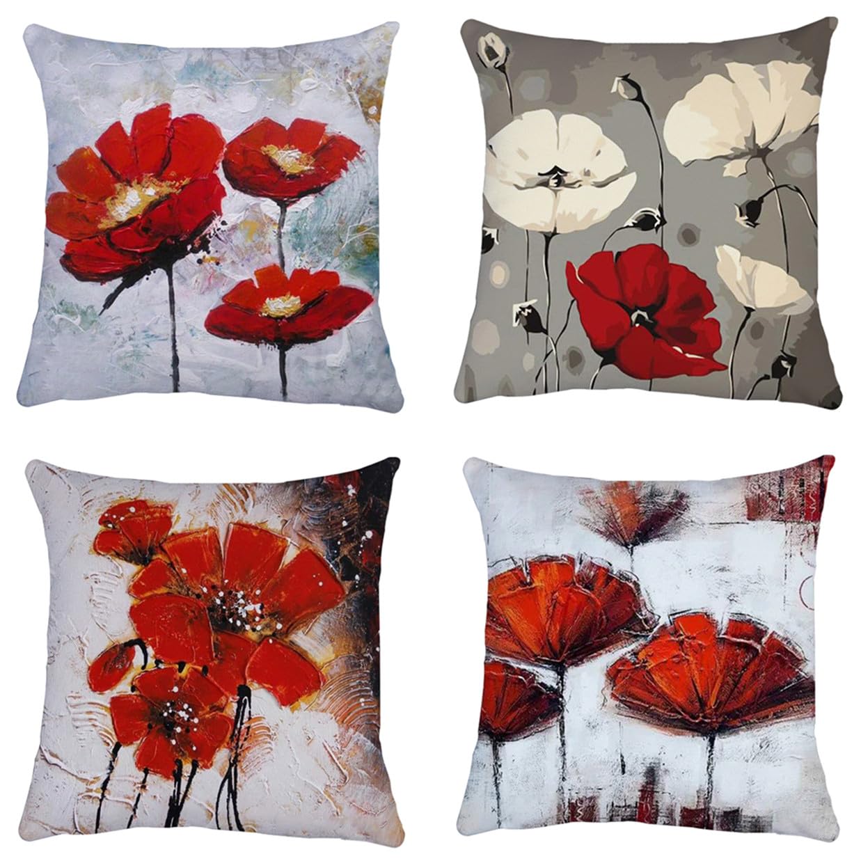 QUALKNOY Set of 4 Cushion Covers 18"x18" Red Flower Linen Modern Art Decorative Throw Pillow cases 45 x 45cm for Living Room Sofa Outdoor Pillowcases — image 1