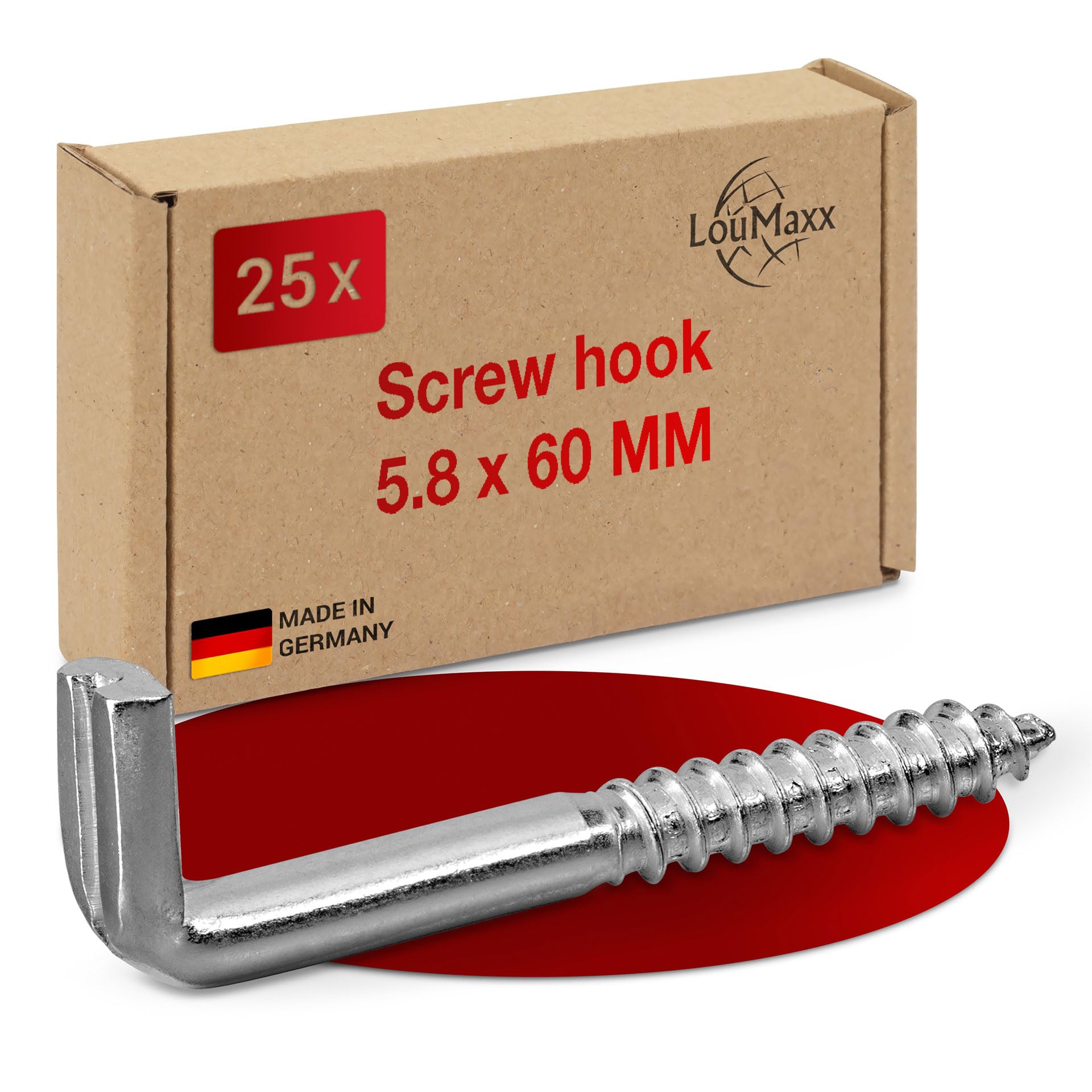 LouMaxx Galvanised Steel Screw Hooks - Set of 25, 5.8 x 60 mm, Holds up to 50 kg, Perfect for Pictures, Shelves & More