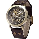 FANMIS Men's Steampunk Bronze Skeleton Self-Winding Automatic Mechanical Brown Leather Wrist Watch