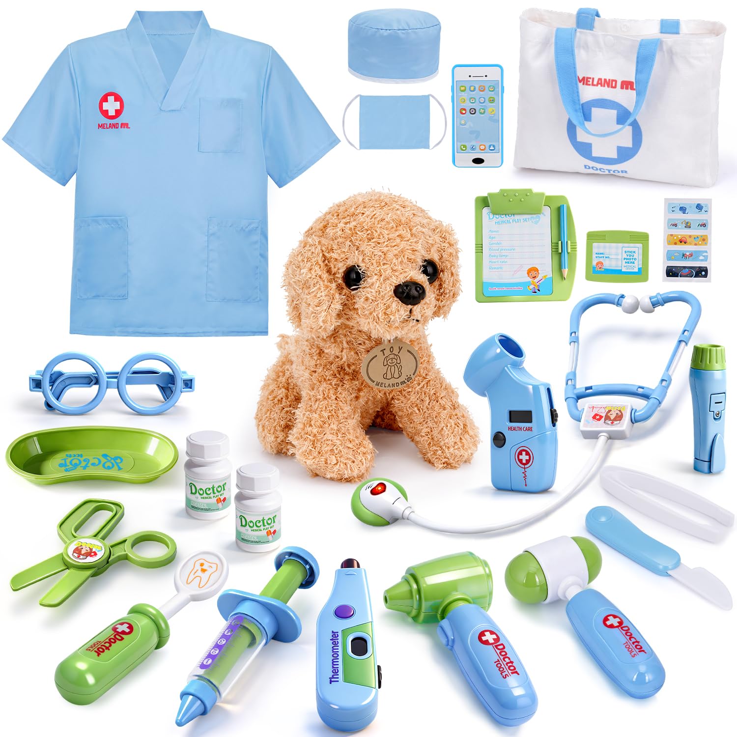 MELAND Doctors Set for Kids - Children Pet Vet Care Play Set with Doctor Costume, Plush Dog, Pretend Role Play Girls Toys for 3 4 5 6 Year Old Toddlers Birthday Presents