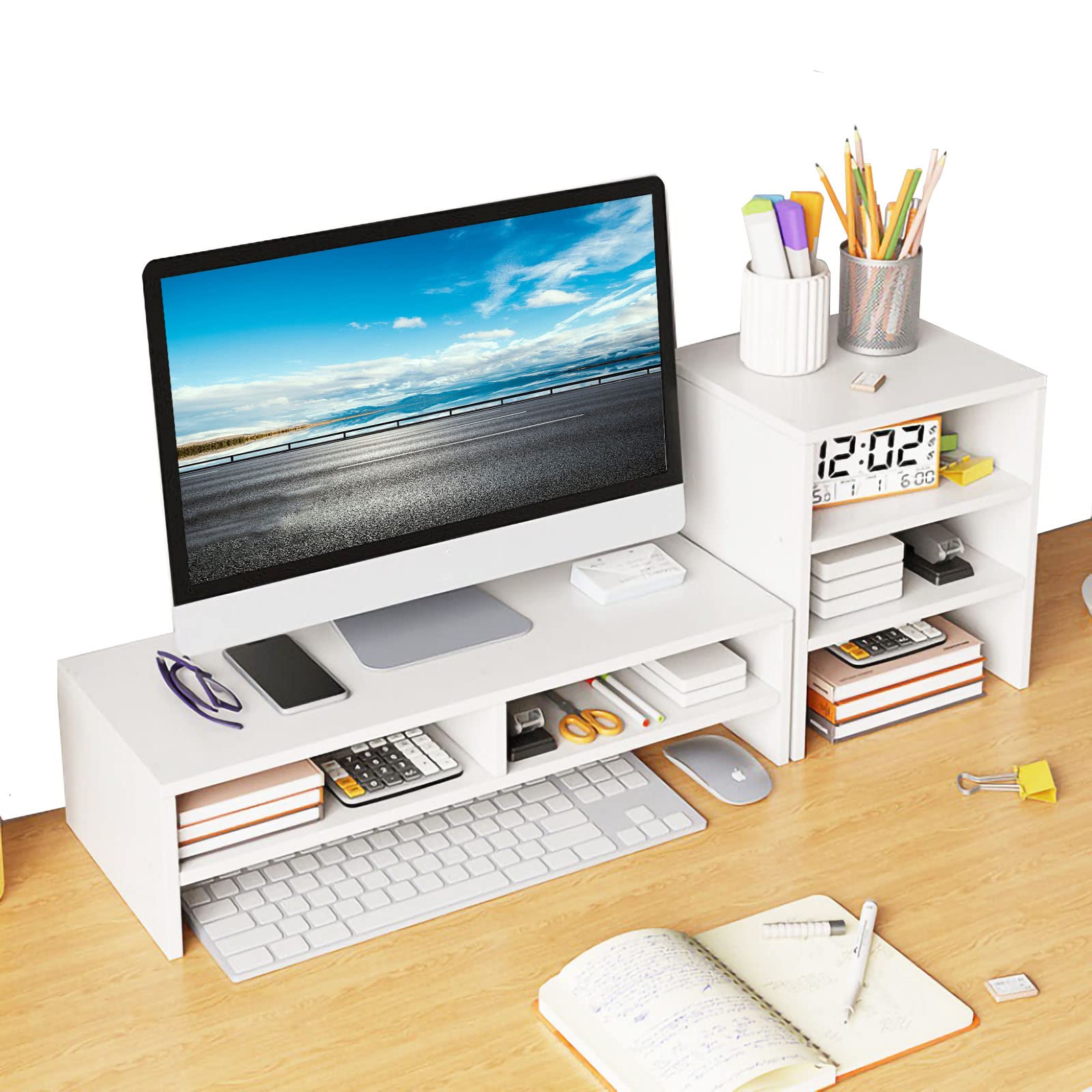 Photo 1 of KUAIYU Computer Monitor Stand Riser,Double-layer monitor bracket + 3-layer independent storage rack,Desktop Organizer, Computer Monitor Stand for Screen, Laptop, Printer, Bookshelf for Home & Office.