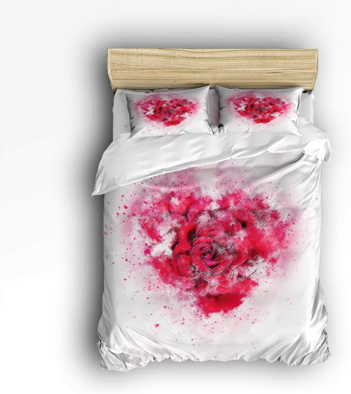 3 Piece Bed Sheets Set Duvet Cover Set, Red Heart Shaped Rose Flower Print, 1 Duvet Cover and 2 Pillow Cases