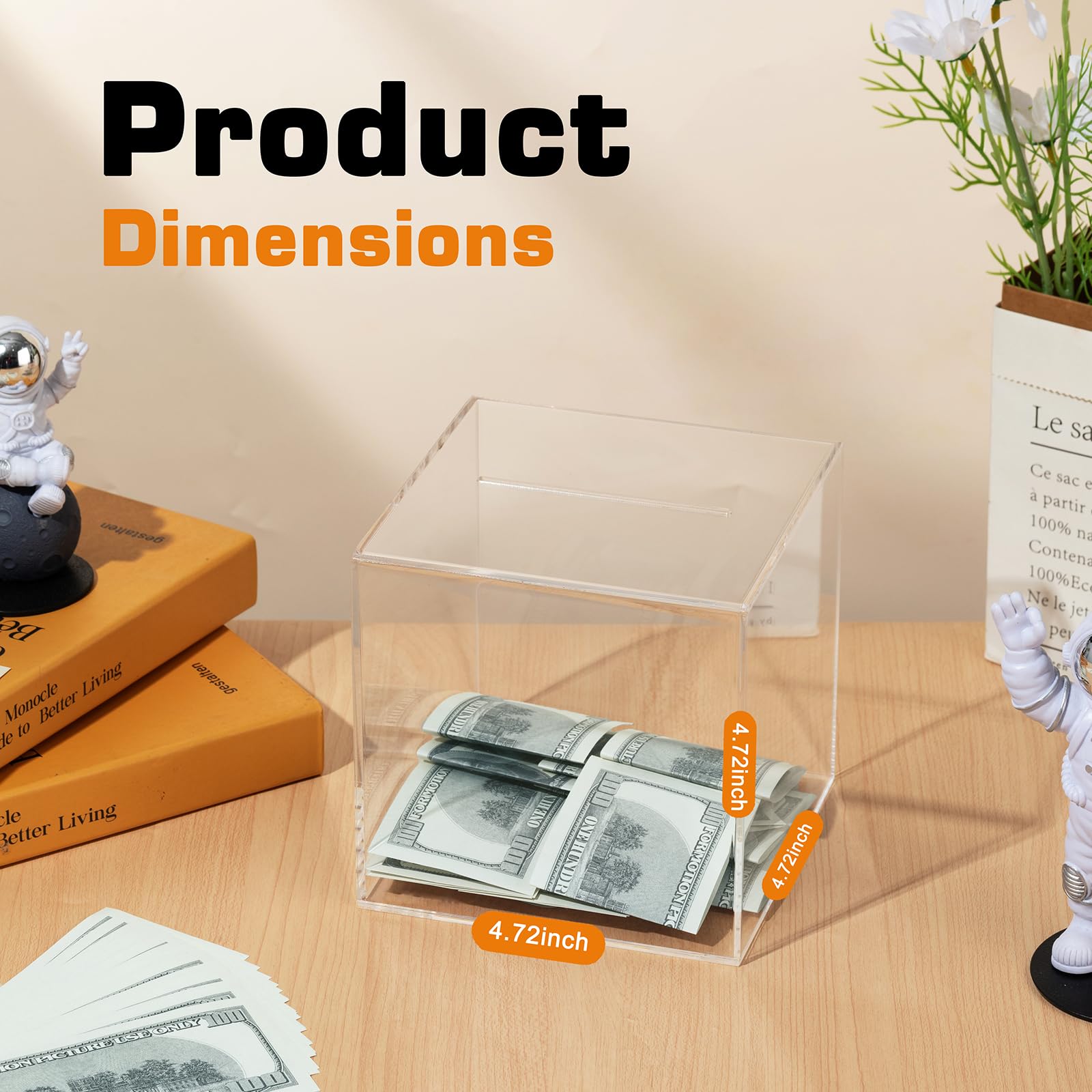 DMTINTA Clear Piggy Bank for Adults and Kids - Transparent, Must Break to Open, Acrylic Unopenable Bank to Help Budget and Save - 4.7 * 4.7 * 4.7