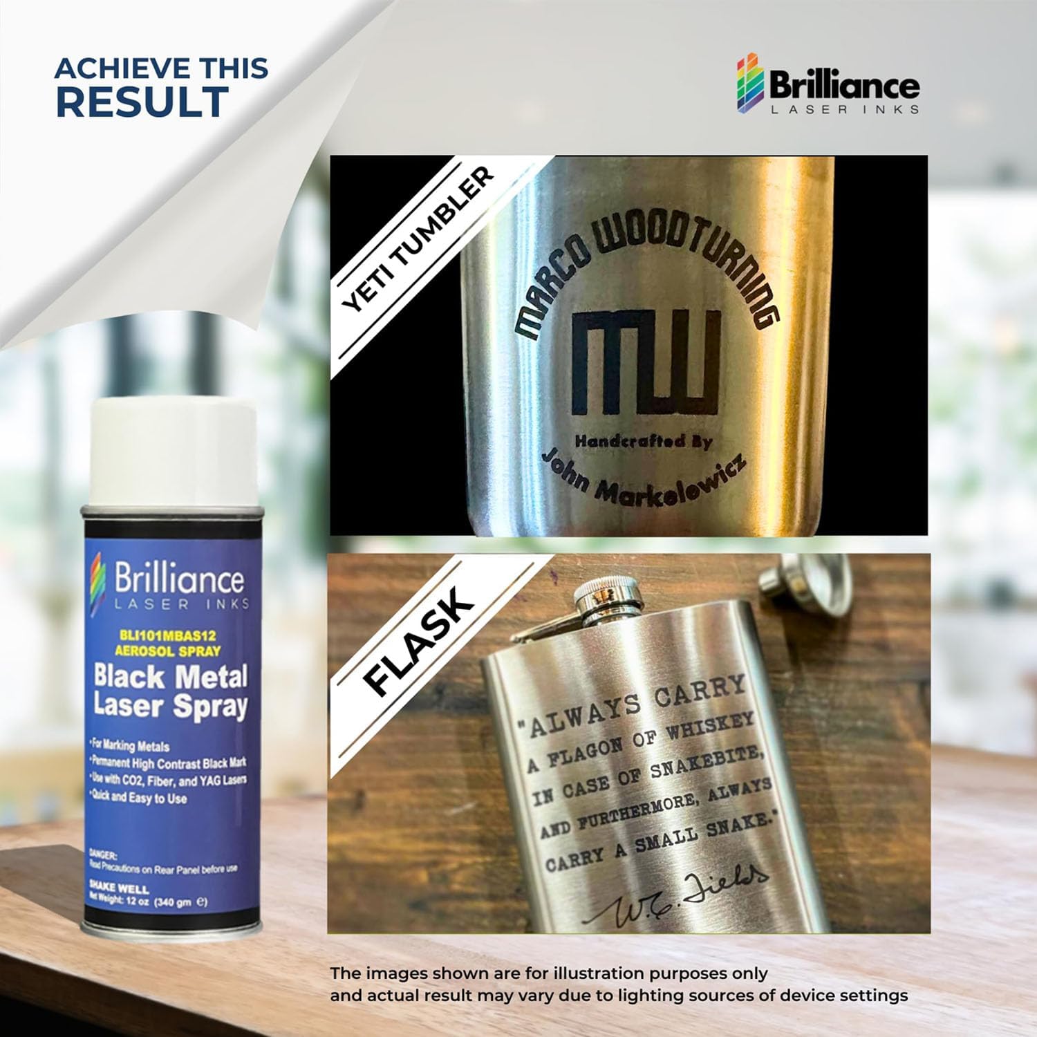 Brilliance Laser Inks 12 Oz Laser Marking Spray - Black, Permanent High Contrast Metal Marker Aerosol for Fiber, YAG, Diode, and CO2 Laser Engraver Machine, BLI101