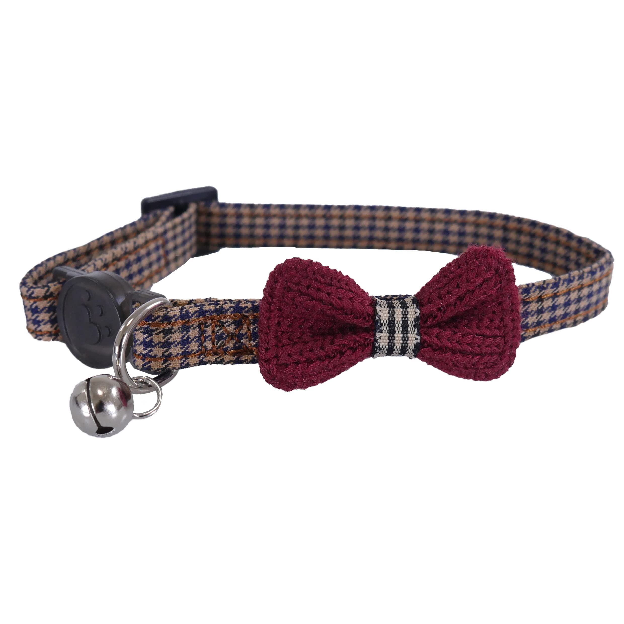 Rosewood Dogtooth Designer Cat Collar, Brown & Navy Tweed with Burgundy Bow, Breakaway Quick Release, Adjustable Safety Collar with Bell for Cats & Kittens, Stylish & Classic Cat Collar — image 1