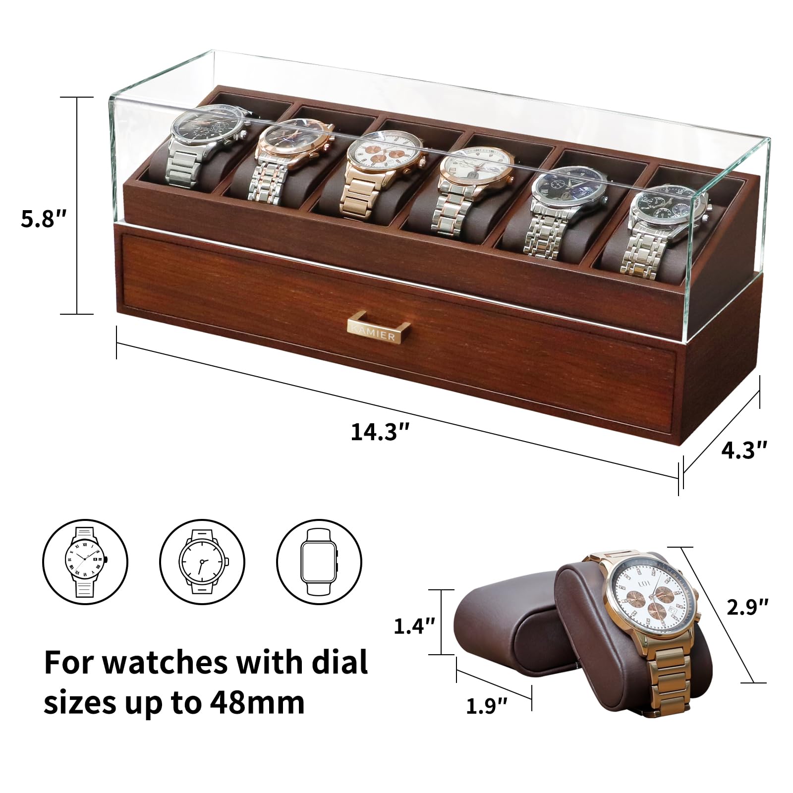 KAMIER High End Wooden Watch Box with 6 Slots & Glass Lid - 2-Layer Jewelry Organizer for Men - Watch Display Case, Ideal Business Gift for Watch Enthusiasts （with Gift Box）, Walnut