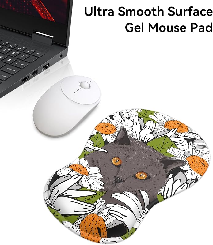 Mauspad mit Gelkissen,Ergonomisches Mousepad mit handauflage mit weichem Gelpolster,rutschfester Basis und erhöhtem Design(Katze 4)