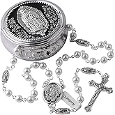 HanlinCC 6mm Glass Pearl Beads Catholic Our Lady of Guadalupe Rosary Necklace for Women and Men with Virgin Mary Center Piece and Crucifix with Metal Gift Box