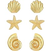 3 Pairs Beach Earrings for Women 14K Gold Statement Earrings Summer Ocean Jewelry Starfish Conch Seashell Stud Earring Set