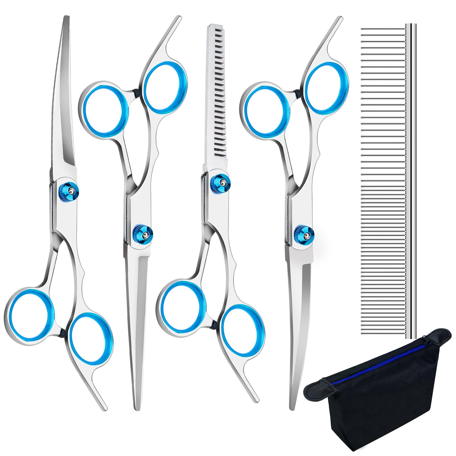6-Piece Professional Dog Grooming Scissors Set - Curved, Round Tip, Stainless Steel, Pet Hair Trimming Scissors with Storage Bag