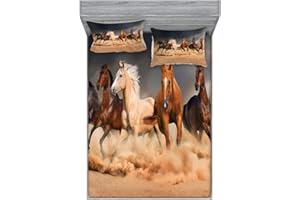 Ambesonne Horse Fitted Sheet & Pillow Sham Set, Equine Themed Animals Galloping in The Sand Running Horses Pattern, Decorative Printed 3 Piece Bedding Decor Set, Queen, Brown Charcoal