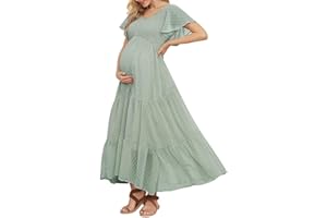 GURUIXU Swiss Dot Smocked Maternity Dress for Baby Shower Photoshoot Casual V Neck Ruffle Sleeve Empire Waist Tiered Boho Dress