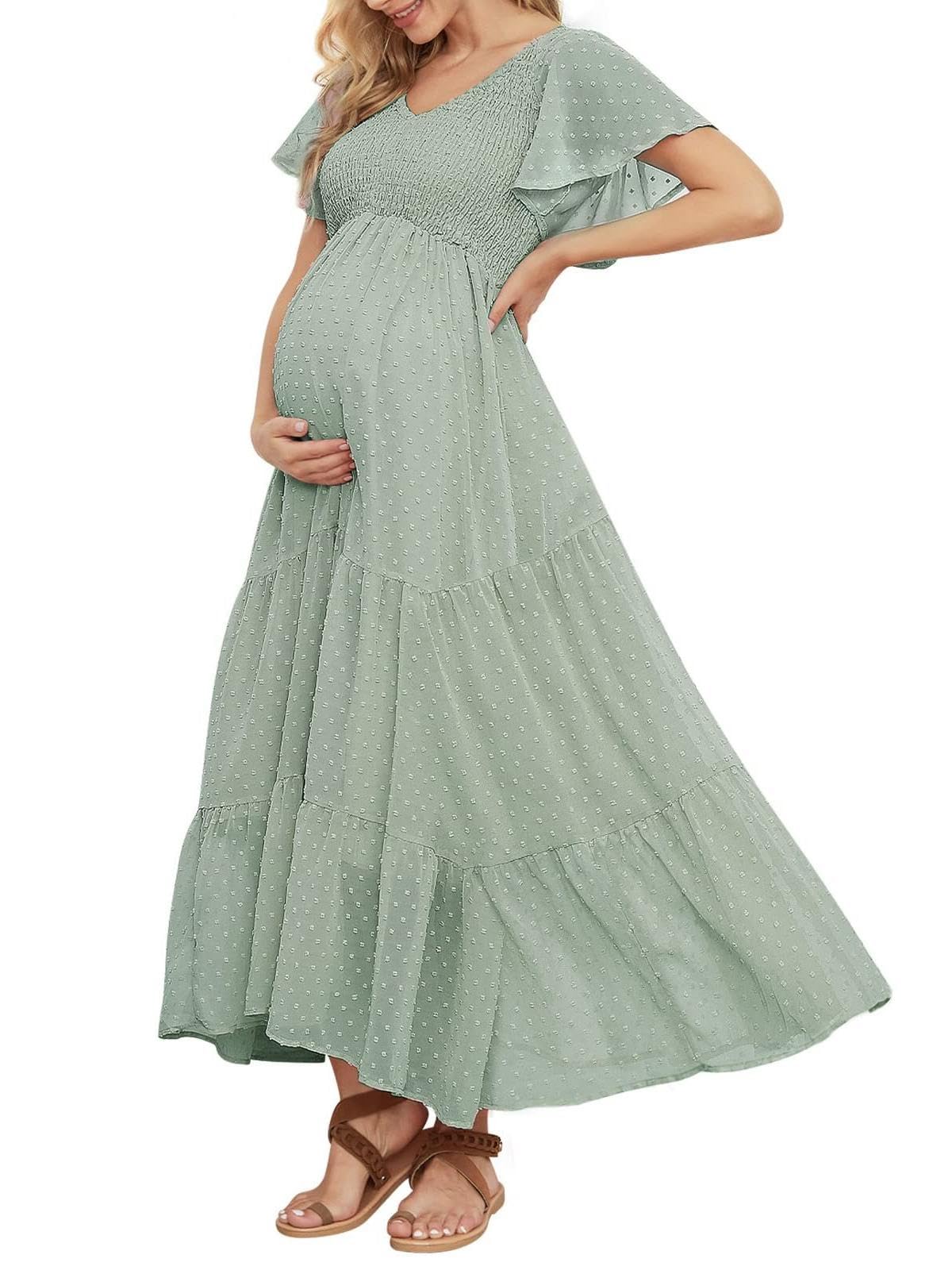 Photo 1 of Swiss Dot Smocked Maternity Dress for Baby Shower Photoshoot Casual V Neck Ruffle Sleeve Empire Waist Tiered Boho Dress Light Green