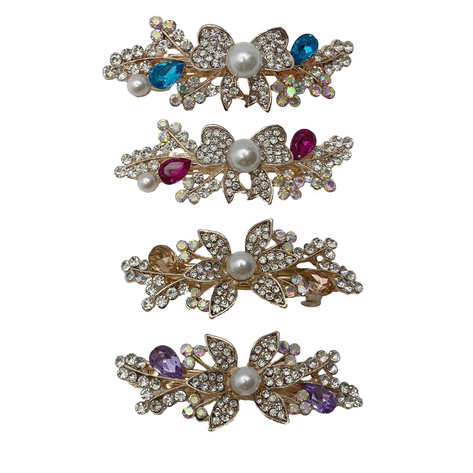 Briskyto 4Pcs Hair Barrettes Crystal Rhinestones Hair Retro Pearl Vintage Metal French Hair Clips for Women Girls, Pink,Purple