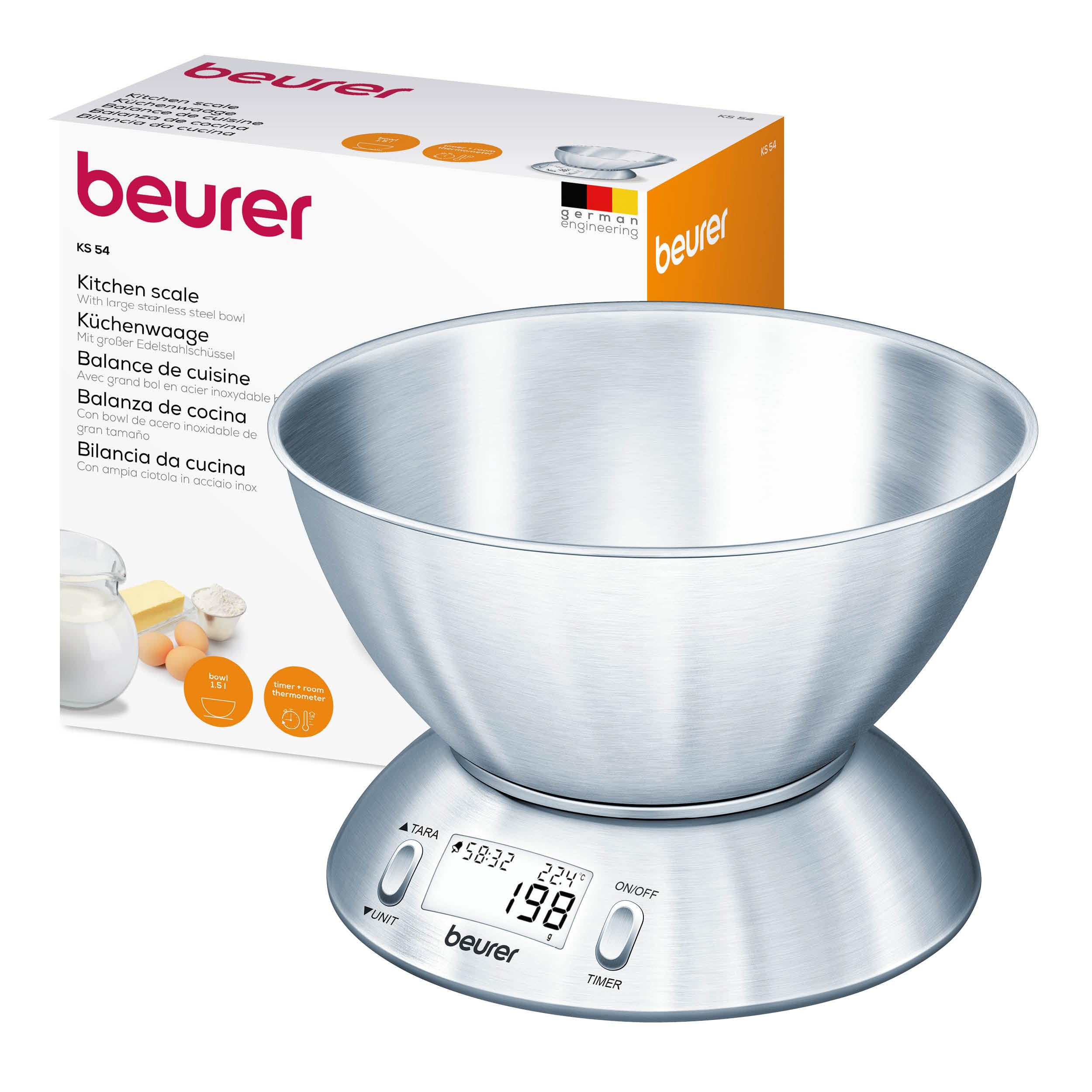 Beurer KS54 Modern Digital Kitchen Scale | Stainless Steel Design | with 1.5l Weighing Bowl | Tare Weighing Function | Temperature Function | Timer Function | 5kg Weight Capacity, 708.40