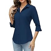 HOTOUCH Women Button Down Shirts 3/4 Sleeve Basic Business Dress Shirt Slim Fitted Classic V Neck Button Up Work Blouse Tops