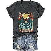 Womens Vintage Flowers V Neck Shirt Boho Floral Wildflowers Graphic Tee Casual Short Sleeve T Shirt