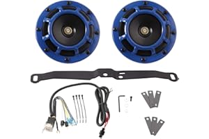 FARBIN Waterproof Car Horn Loud Super tone High Tone/Low Tone Metal Twin Horns Kit with Protective Grill (blue horn with harness and bracket)