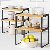 Goozii Kitchen Cabinet Organizer Shelf Set of 4, Pantry Organizers and Storage Shelves for Plates Dishes Cups Mugs, Cupboard Counter Cabinet Shelf Riser for Countertop (Bamboo Wood and Black Metal)