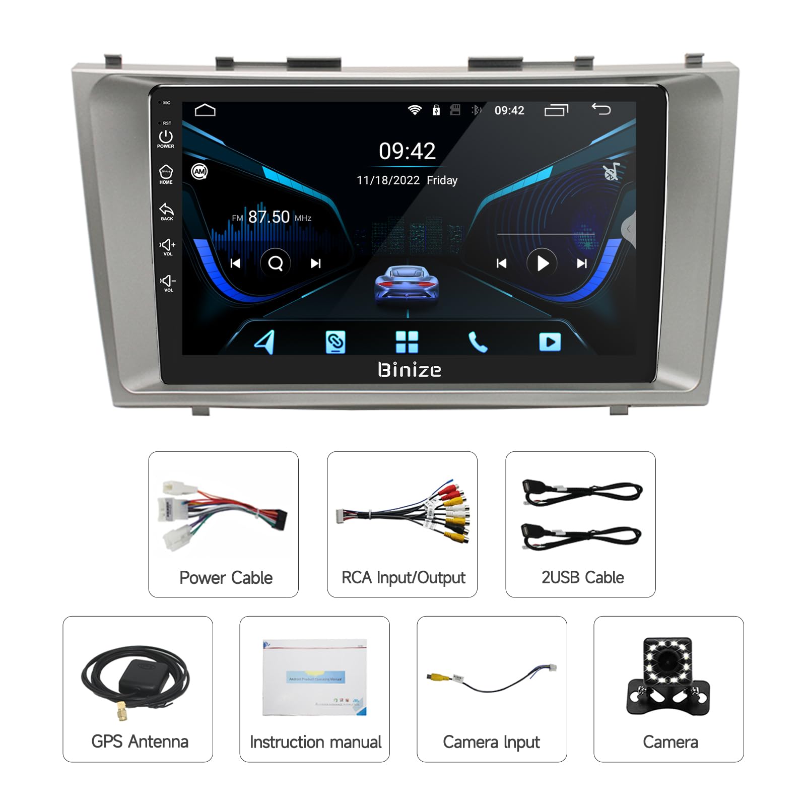 BINIZE Android 13 Car Stereo Compatible with Toyota Camry 2006 2007 2008 2009 2010 2011, 9 Inch Car Radio Head Unit Car Stereo Touch Screen, Wireless CarPlay, Android Auto, GPS, WiFi, Backup Camera