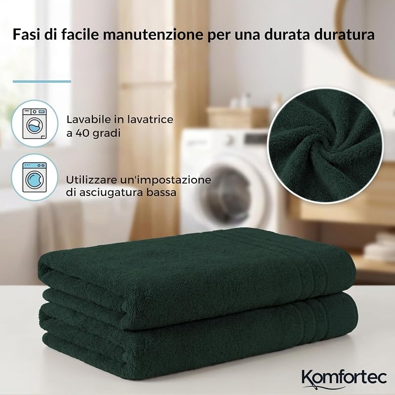 Telo da Bagno XXL 100x200 cm, Spugna 100% Cotone, Verde Scuro — foto 3 di 6
