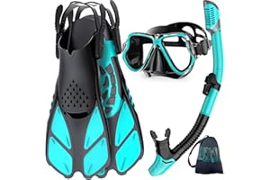 Zenoplige Mask Fins Snorkel Set, Snorkeling Gear for Adults, Panoramic View Snorkel Mask Anti-Fog, Adjustable Dive Flippers, Dry Top Snorkel and Travel Bag, Scuba Gear for Swimming Snorkeling Diving
