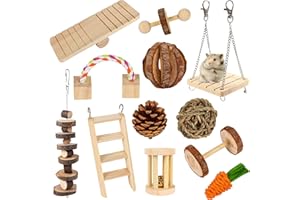 ZALALOVA Hamster Chew Toys, 12Pack MSDS Approved Natural Wooden Pine Guinea Pigs Rats Chinchillas Toys Accessories Dumbbells Exercise Bell Roller Teeth Care Molar Toy for Bunny
