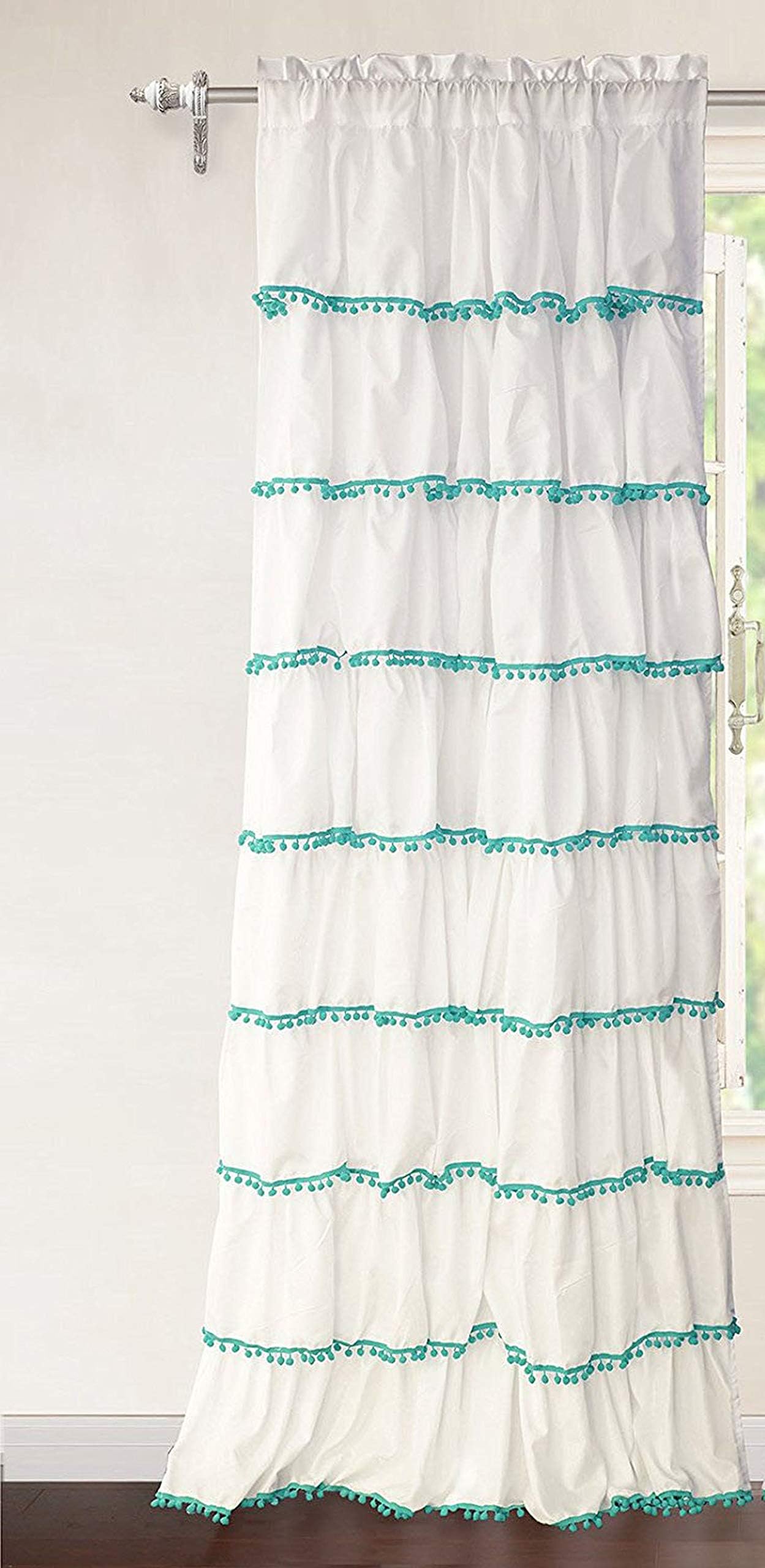 Dekor World 1 Pieces Sheer Cotton Horizontal Pompom Lace Rod Pocket Curtain (Aqua, Door: 110x215cm or 4x7 Feet) for Bedroom and Living Room