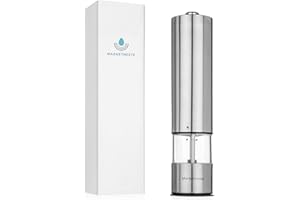 MARKETNESTE Pepper Grinder with Light - Battery Operated Pepper or Salt Mill - Stainless Steel - Easy Grip - Easy to Use - Sleek Modern Design, Adjustable Coarseness, One Handed Operation,