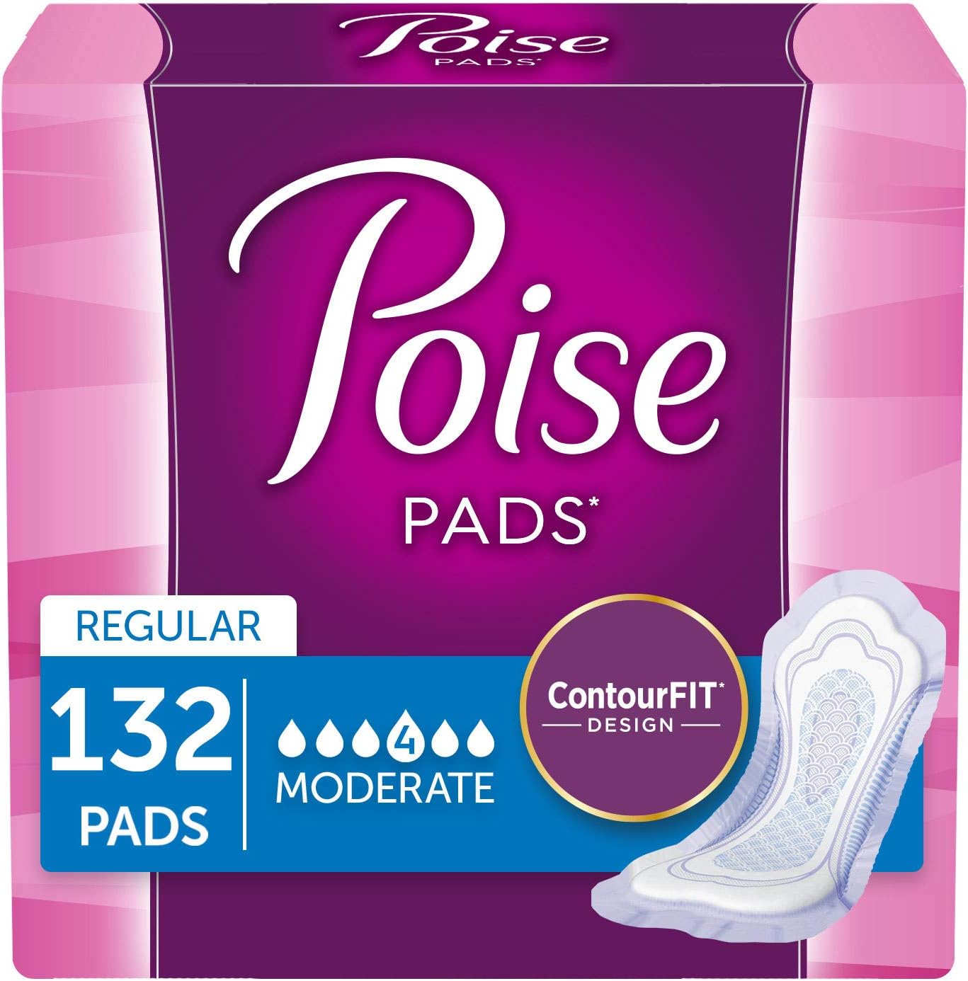 Poise Incontinence Pads, Moderate Absorbency, Regular Length, 132 Count (2 Packs of 66) (Packaging May Vary): Health & Personal Care