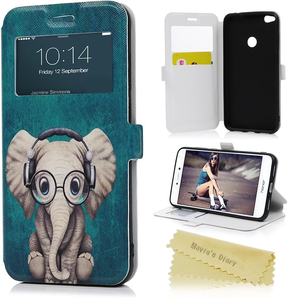 Mavis's Diary Huawei P8 Lite 2017 Case, Viewing Window Premium PU Leather Flip Case Wallet Cover Cute Patterns Colorful Painted With Card Slots Cash Pouch Fit For Huawei P8 Lite 2017 - Elephant