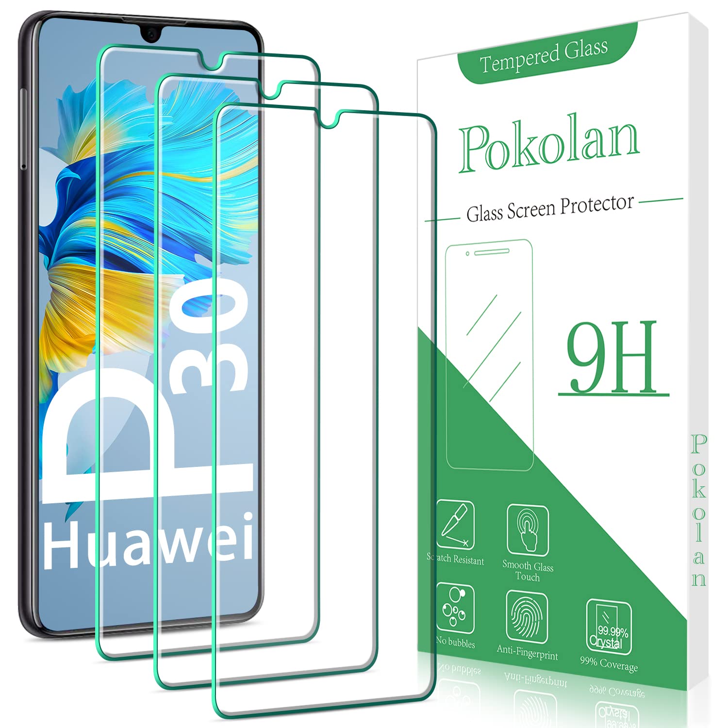 Pokolan [3 Pack Screen Protector for Huawei P30 Tempered Glass, 2.5D Round Edge, 9H Hardness, Case Friendly, Bubble Free, Anti Scratch, Easy to Install
