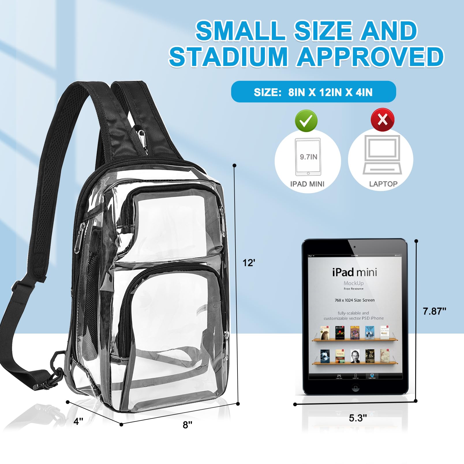 Clear Backpack Stadium Approved with Adjustable Reinforced Straps, 3 in 1 Clear Crossbody Bag for Festivals and Games (Black)