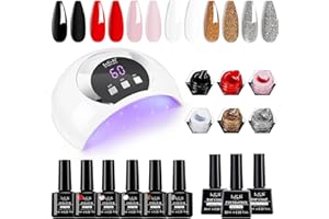 LKE Gel Nail Polish Kit with U V Light 54W Nail Lamp 6 Colors White Black Red Pink Gold Silver Glitter Shimmer Gel Polish Set Glossy Matte Gel Top Base Coat Gel Nail Kit Nail Art DIY Manicure Tools