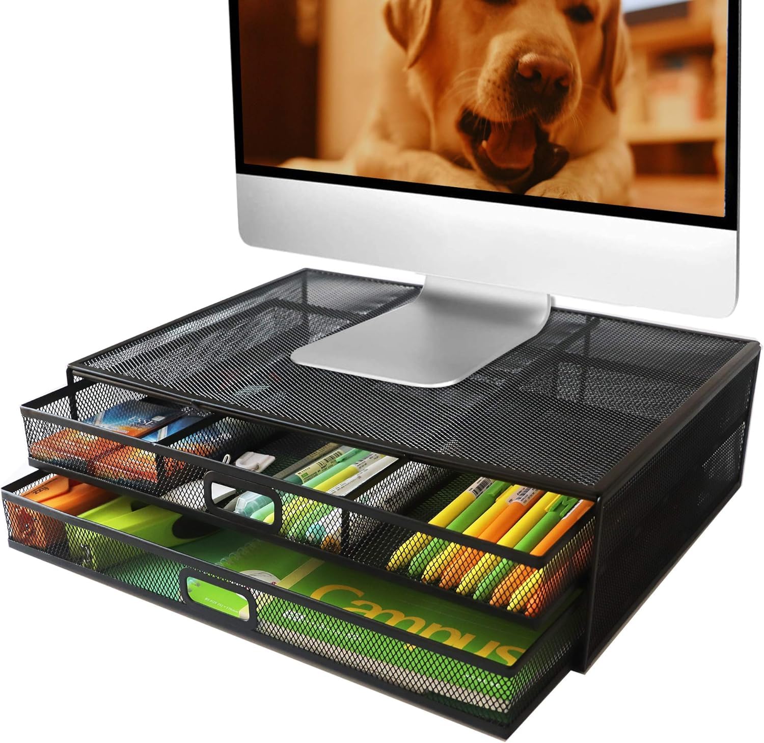 Photo 1 of MINDEPOT Computer Monitor Stands with Drawers, Metal Mesh Desktop Monitor Riser, Desk Storage Organizer with Drawers for PC, Laptop, Printer (Black)
