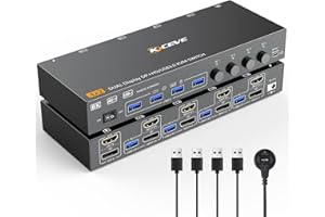 KVM Switch 2 Monitors 4 Computers 8K@60Hz 4K@144Hz, HDMI+Displayport KVM Switch Dual Monitor with 4 USB 3.0 Port for Keyboard