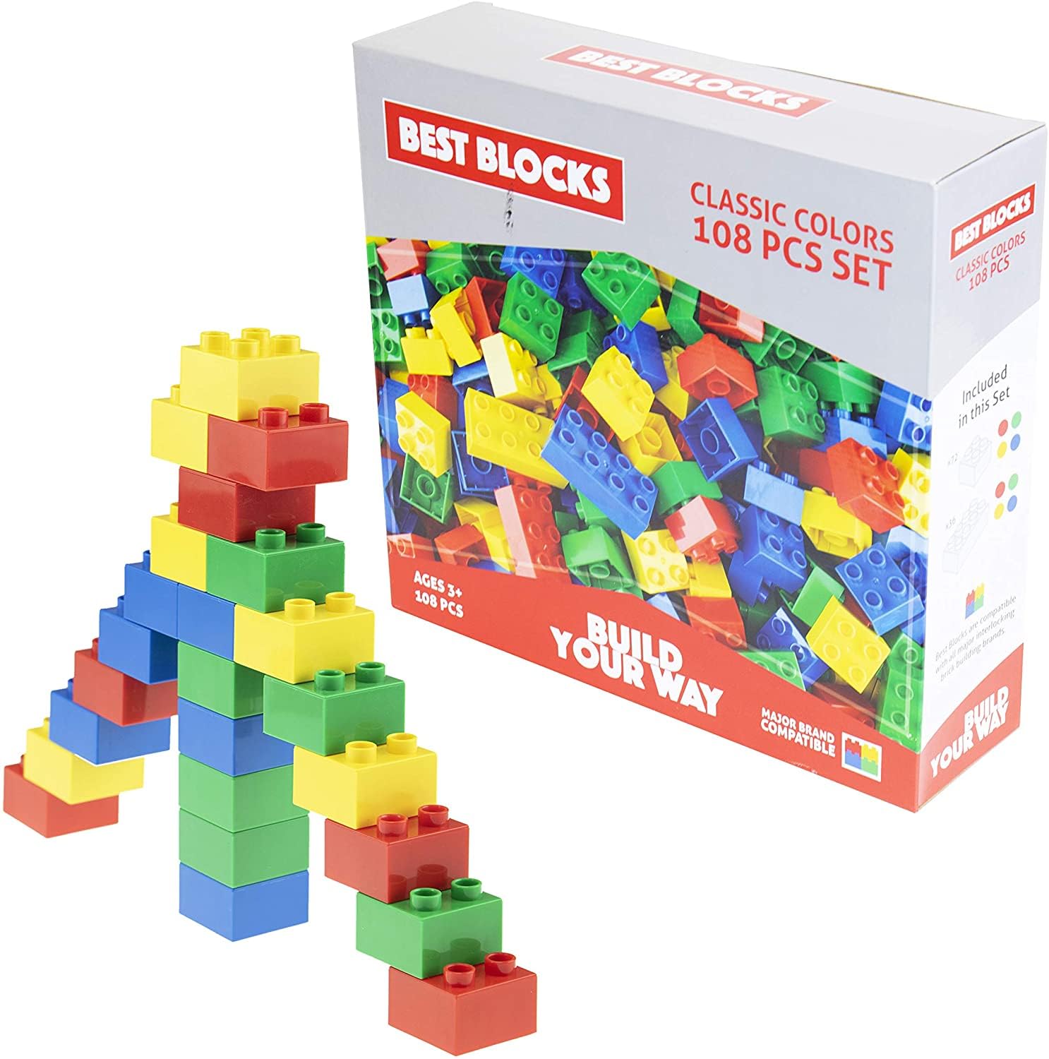 Strictly Briks Best Blocks Big Blocks Set - Classic Colours, 108 Pieces - Large Building Blocks for Ages 3 and Up, Compatible with All Major Brands