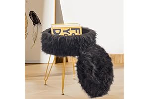 ALEESING Alessing Faux Fur Ottoman with Storage, Round Vanity Stool Chair with 4 Metal Legs & Soft Padded Seat, Wood Grain Tray Coffee Table Footrest Ottoman for Living Room Bedroom Entryway, Black