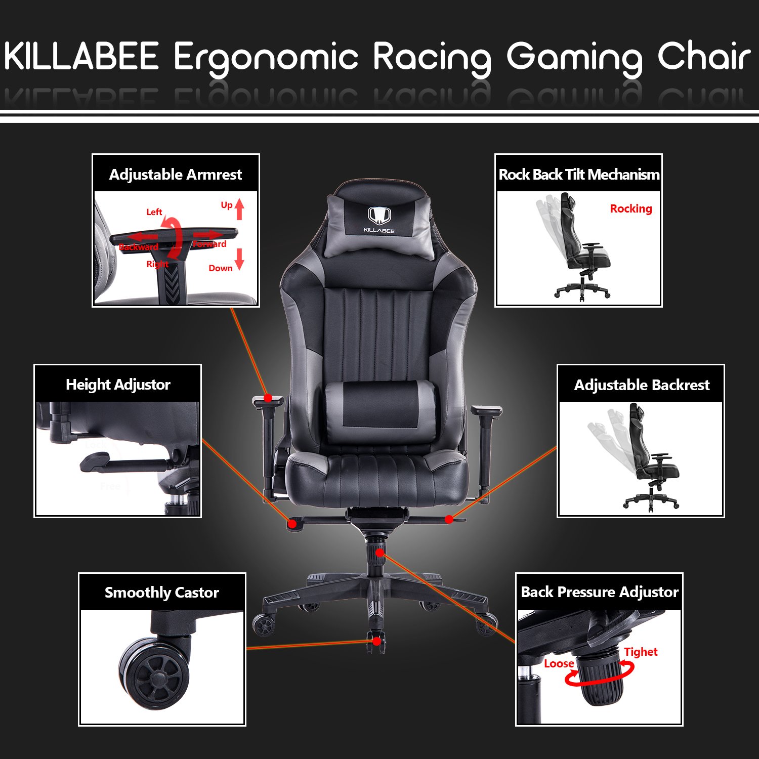 KILLABEE Big And Tall 400lb Memory Foam Gaming Chair Adjustable Tilt, Back Angle And 3D Arms