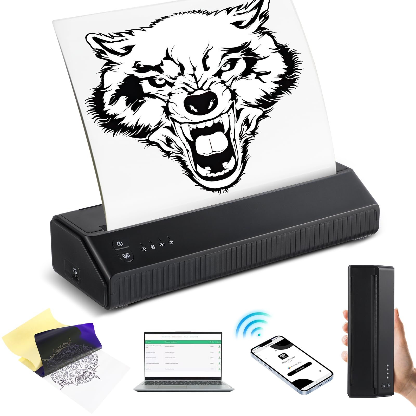 Claities Bluetooth Tattoo Transfer Stencil Machine, Mini Tattoo Printer, Black, 2500 mAh, 10 Sheets Transfer Paper, 2023 Update