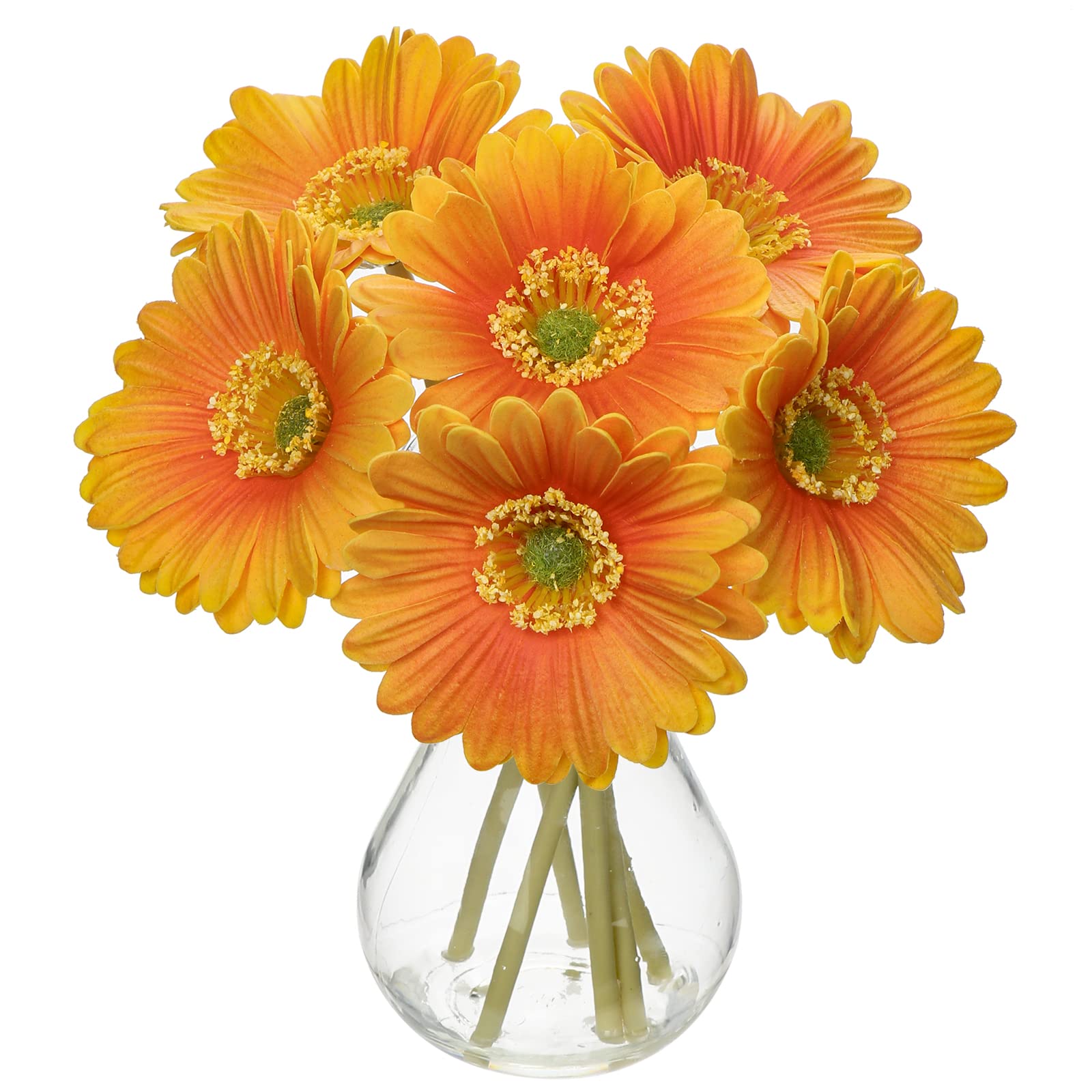 6 pcs Artificial African Daisies with Glass Vase, Small Fake Flowers in Vase with Faux Water, Orange Artificial Gerbera for Home Office Bathroom Living Room Party Wedding Centerpiece Decorations