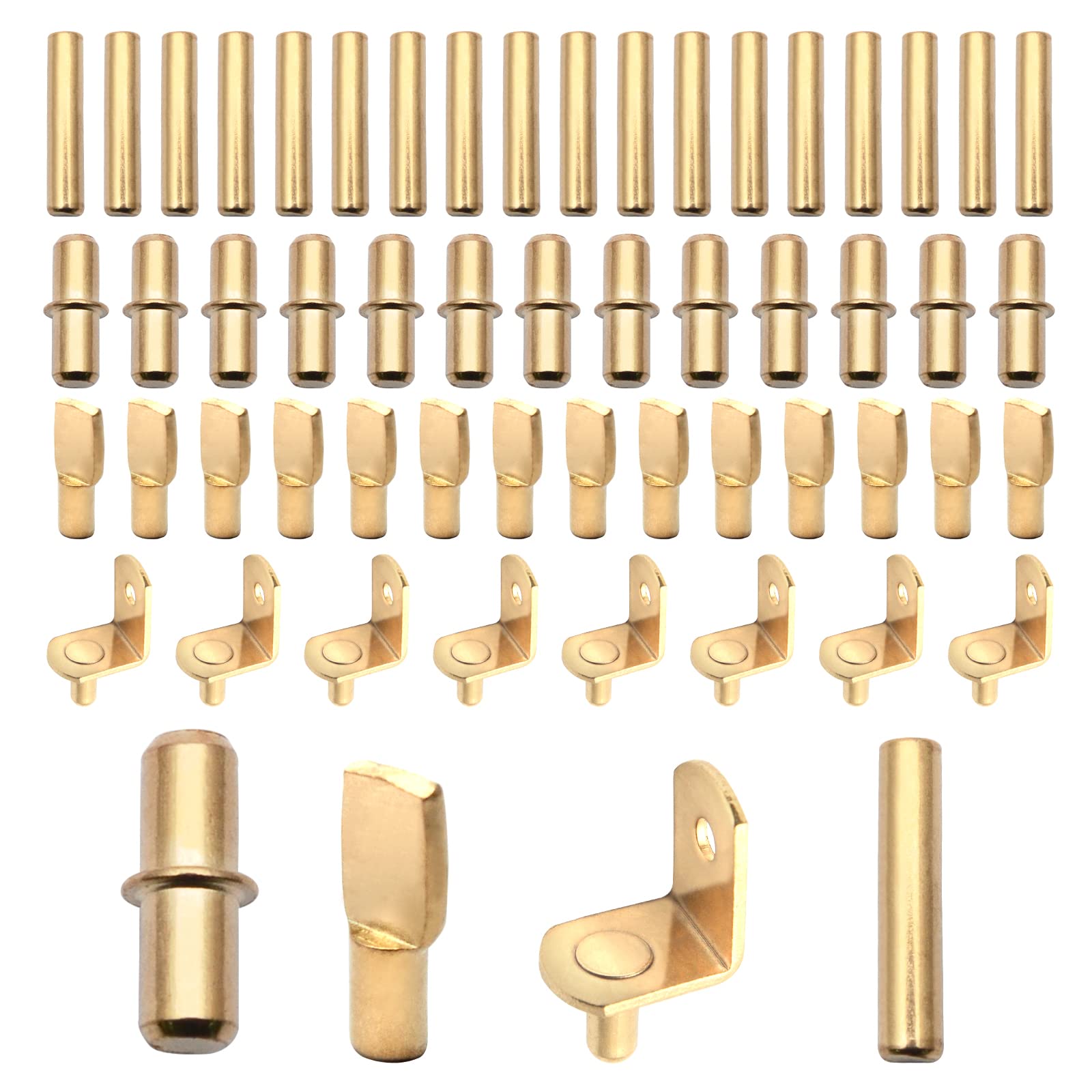 100Pcs 4 Styles Gold Shelf Pins Kit, 6mm Nickel-Plated Shelf Support Pegs with a Hole, 5mm Flat Spoon Pegs, 5mm Cylindrical Pins Holder and 5mm Dowel Pins for Cabinets