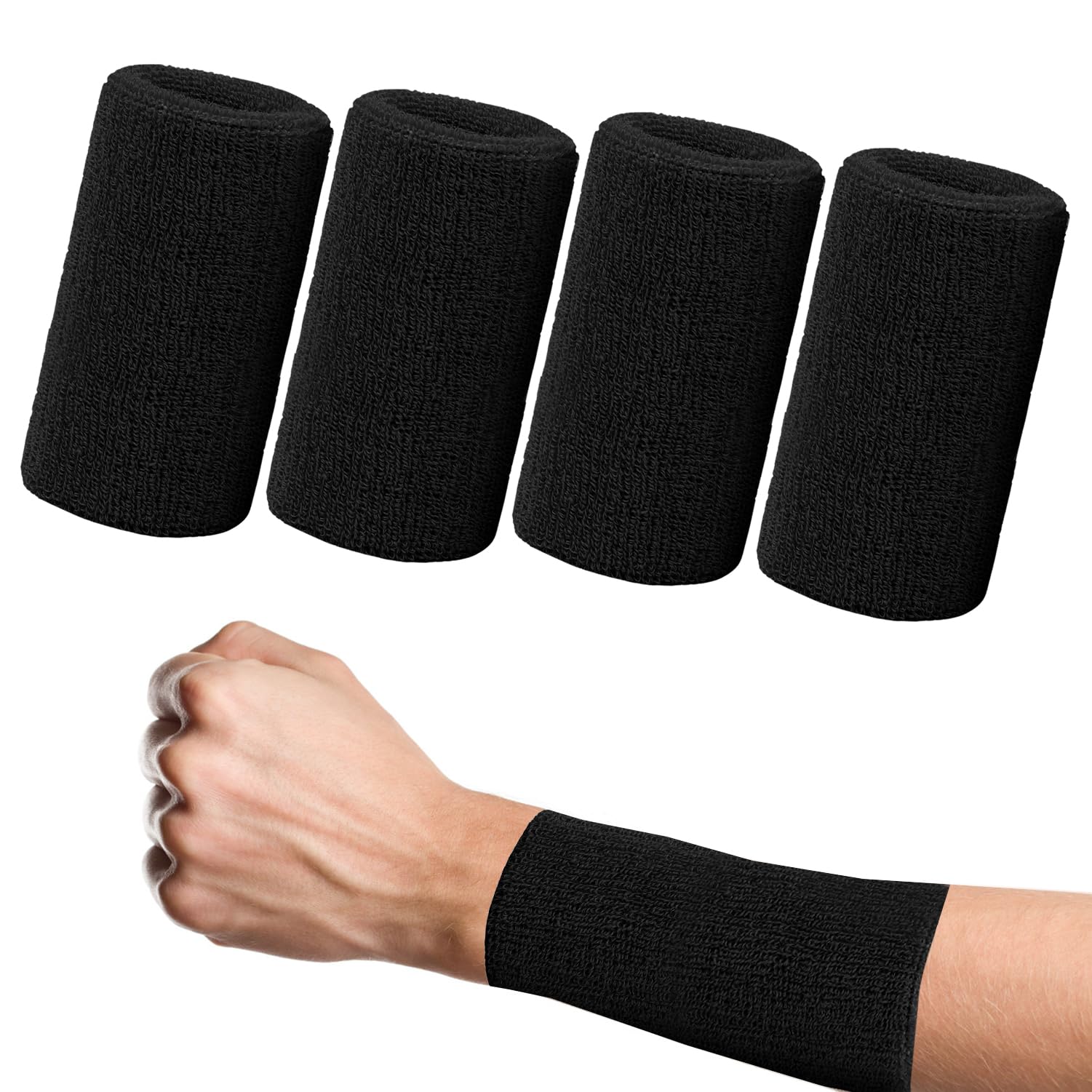 SMCEHEYA 4 Pack Sweat Bands for Wristbands 6Inch 15x8cm Wrist Bands Extended, Wristbands Sweatbands Absorbent For Gym Sports Tennis Running, Wrist Sweat Bands Men Black, Sweatbands for Women Cotton