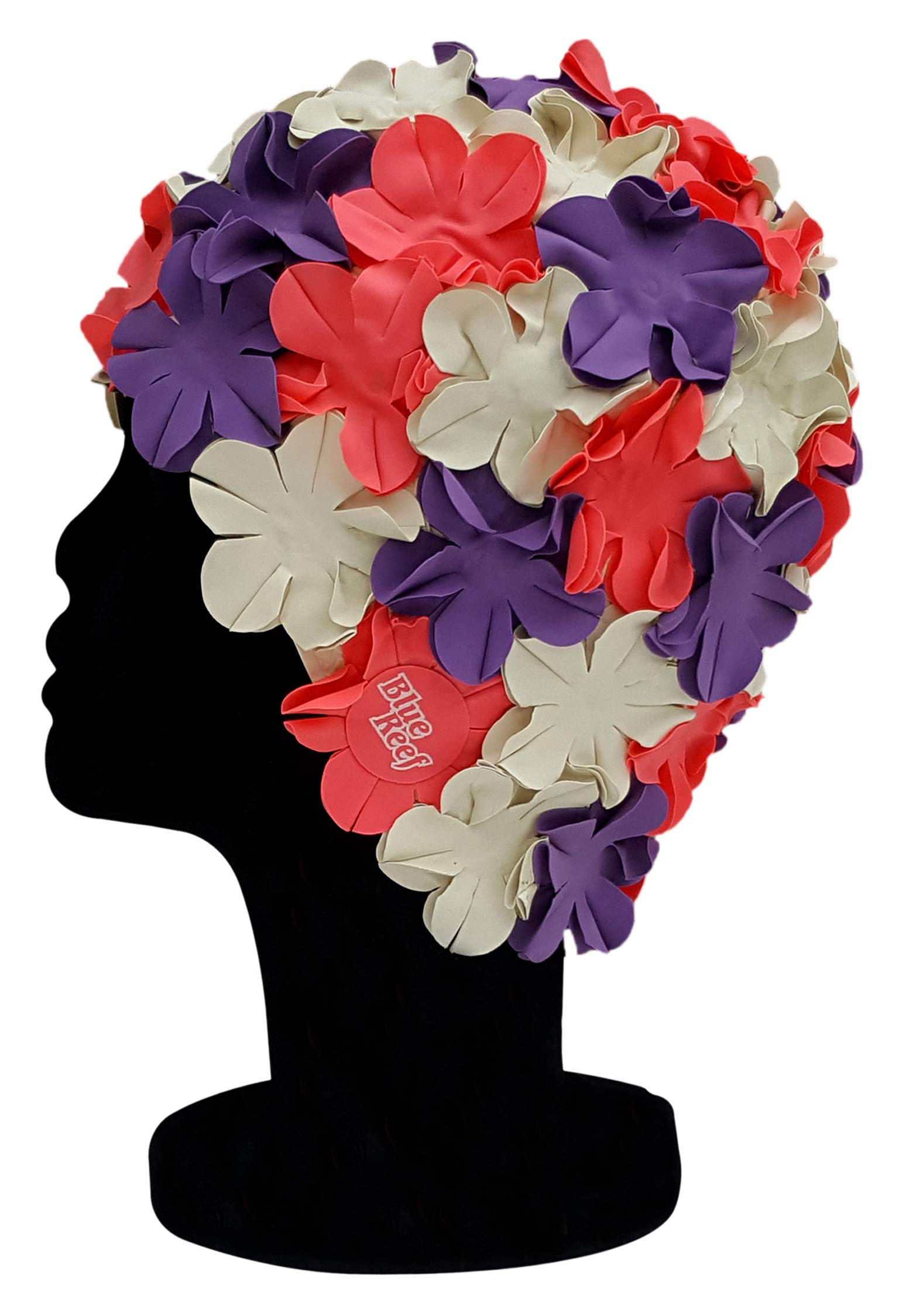 Blue Reef Isla Floral Ladies Classic Retro 3D Flower Petal 3 Colour Stylish Vintage Swimming Hat Swim Cap One Size Adults (Pink/Purple/Off White)