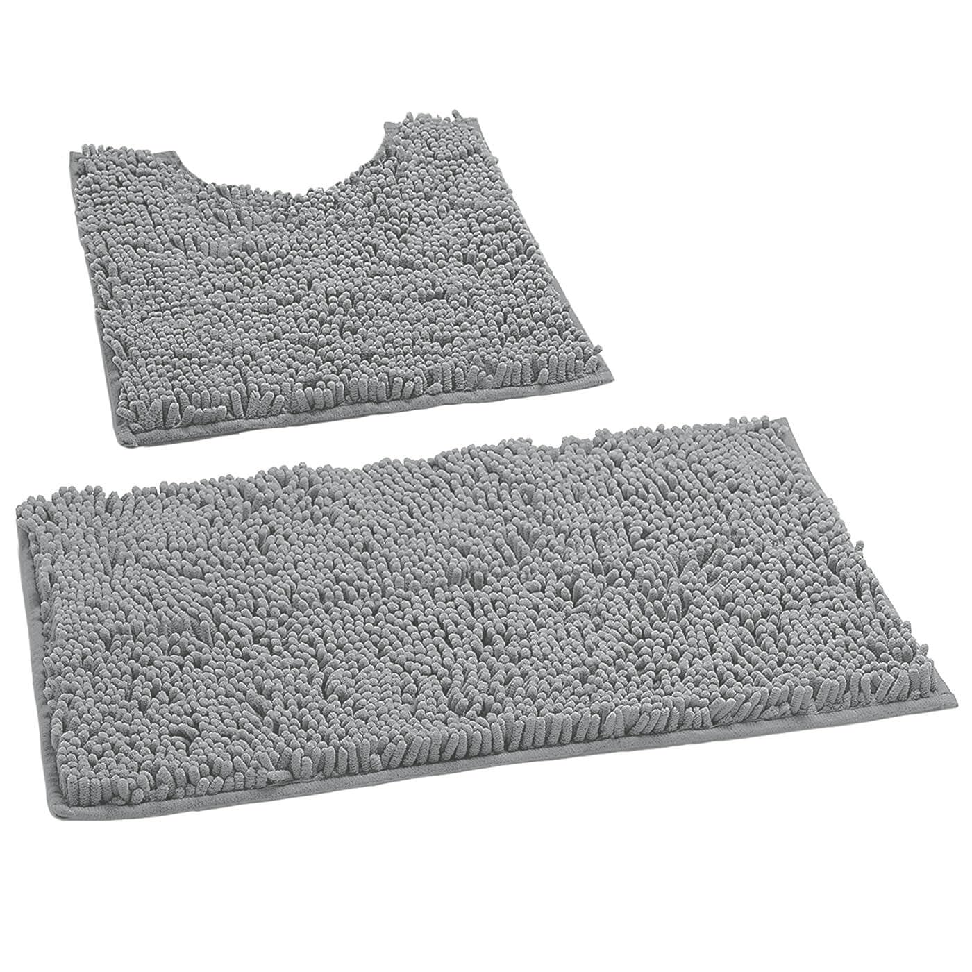 LuxUrux Bath Mat, Luxury Chenille (2-Piece) Bath Mat Set, Soft Plush Anti-Slip Bath Rug + Toilet Mat.1'' Microfiber Shaggy Carpet, Super Absorbent (Curved Set Small, Light Grey)