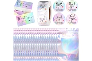 GVHNTK 620Pcs Thank You Business Cards Stickers Set Gold Foil Include 100 Thank You Business Card 500 Thank You for Supporting My Small Business Stickers 20 Resealable Packaging Bags Owners (B-Holographic)