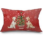 JINYO Red Chinoiserie Christmas Golden Retriever Pillow Covers 12x20, Golden Retriever Lover Gifts, Grandmillennial Red Bow Xmas Christmas Tree Dog Lumbar Pillow Covers for Home Living Room Bedroom
