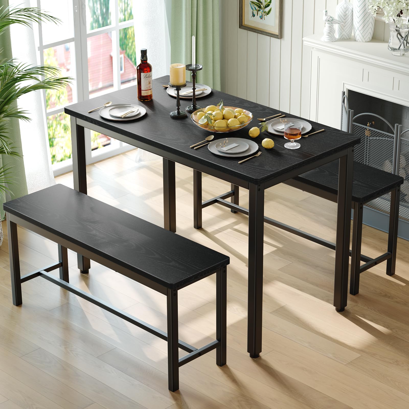 Photo 1 of ** NEW ** Tatub Dining Table Set for 4, 3-Piece Kitchen Table with 2 Benches, Space-Saving Dining Room Set for Breakfast Nook and Small Spaces, Black