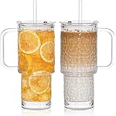 INSETLAN 26oz Water Ripple Glass Tumbler with Handle and Lid, Set of 2 – Reusable Iced Coffee Cups with Lids, Clear Glass Cups with Straw for Coffee, Smoothies, Tea, Juice – Perfect for any Occasion