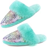 Orthoshoes Girls Sequined Fluffy Slippers, Faux Fur Memory Foam, Non-Slip Indoor House Shoes